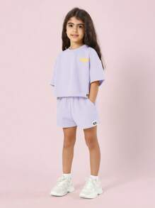 SUMWON 女童夏季套装，梦幻宽松露脐上衣搭配同款短裤，休闲日常街头风童装 - 紫色 - 查看 2