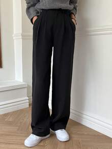DAZY Women's Casual Business Solid Color Straight Leg Pants,Women Dress Pants - Black - View 3