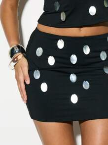 KIZN Mirror Detail Bodycon Mini Skirt Fashion Club Party Evening Y2K Reflective Metallic Disc Embellished - Black - View 5