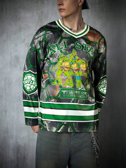 TEENAGE MUTANT NINJA TURTLES | SHEIN 男士休闲字母和卡通印花长袖T恤，秋季