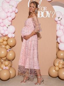 Loomaby 孕妇植物刺绣网眼露肩喇叭袖优雅连衣裙 - 紅色 - 查看 7