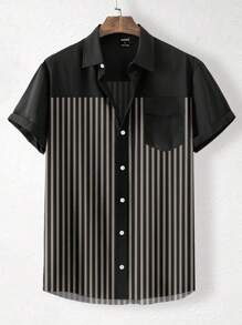 Manfinity Homme Camisa de manga corta, casual, de hombre, con rayas raglan, patchwork y hombros caídos, en unicolor, estilo maduro, para el verano