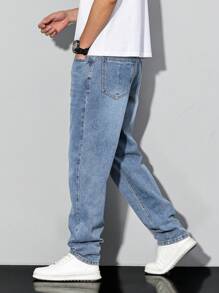 Manfinity Homme 大码男士浅蓝色牛仔裤，修身休闲长裤，适合所有季节