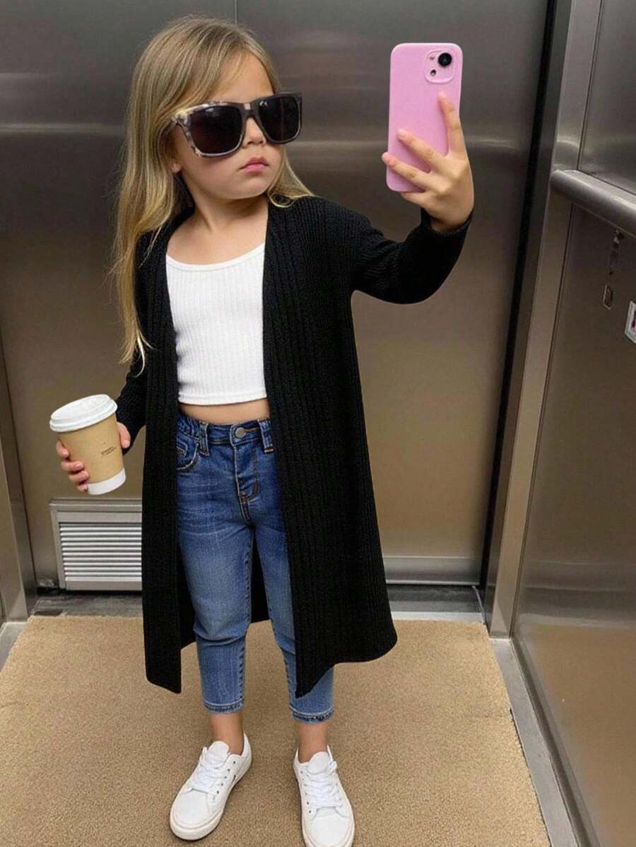 SHEIN Jaqueta Casual Confortável para Menina Jovem, Frontal Aberto, Manga Longa, Cor Sólida Sem Bolso, Outono(9), Inverno(2), Preto