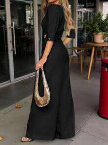 INAWLY 女士 V 领镂空优雅通勤短袖连体裤 - 黑色 - 查看 2