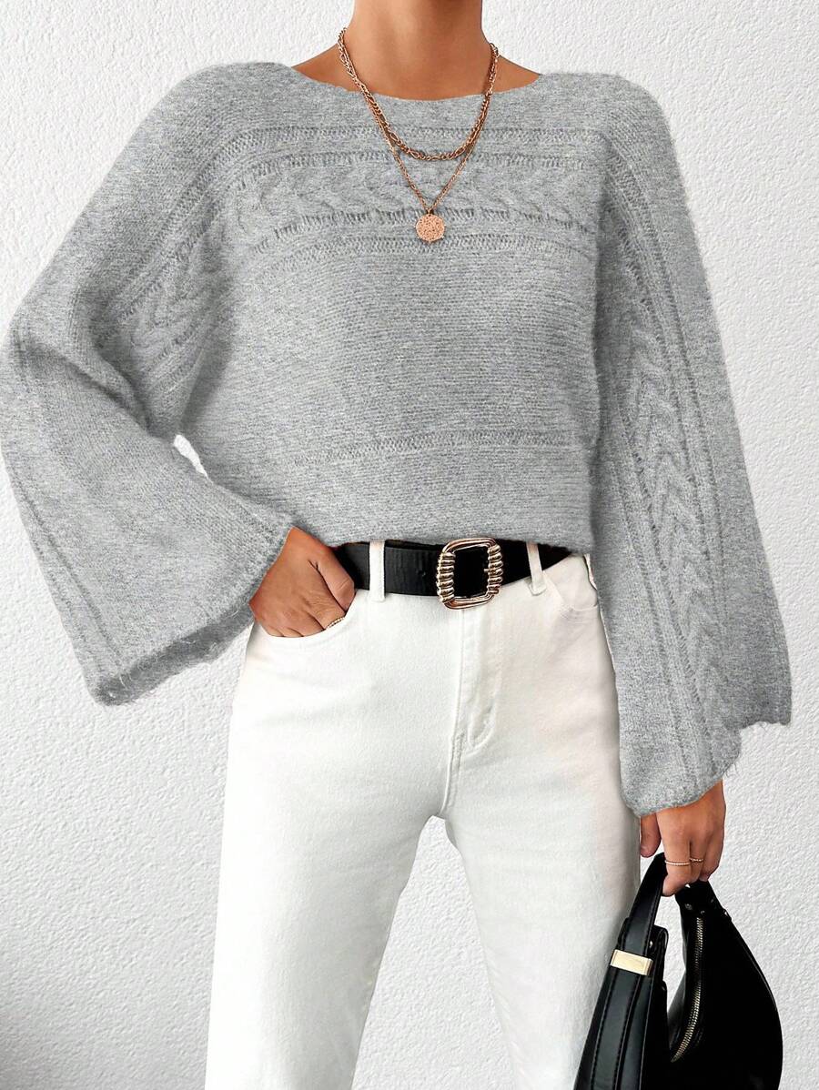 EURMUSE Women'S Solid Color Dolman Sleeve Sweater - Light Grey - View 1