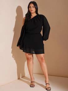 SHEIN BAE Plus Size Solid Black Chiffon Asymmetric Asymmetric Neck Loose Lantern Sleeve Short Mini Dress For Women, Holiday Chiffon Dress,Fall Women Clothes,School Clothes,Y2k Clothes,Country Outfits Women,Vintage Clothes Women,Festival Outfits Women,Wedding Guest Dress Curve,Summer Outfits For Women,Formal Dresses For Women,Birthday Women Outfits,Black Dress/ Black Mini Dress/ Long Sleeve Mini Dress/ Flowy Mini Dress/ Black Vacation Dress