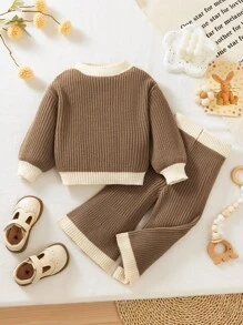 SHEIN 2 chiếc Áo len dệt kim Colorblock cho bé gái trên và eo đàn hồi Bộ quần dệt kim rộng, mùa thu & mùa đông - màu nâu - Xem 5