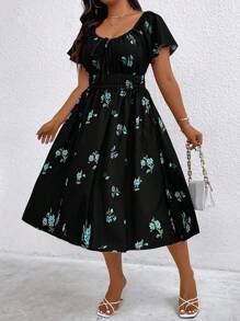 Flirla Plus Size Women Floral Print Drawstring Elastic Waist Dress - Black - View 1