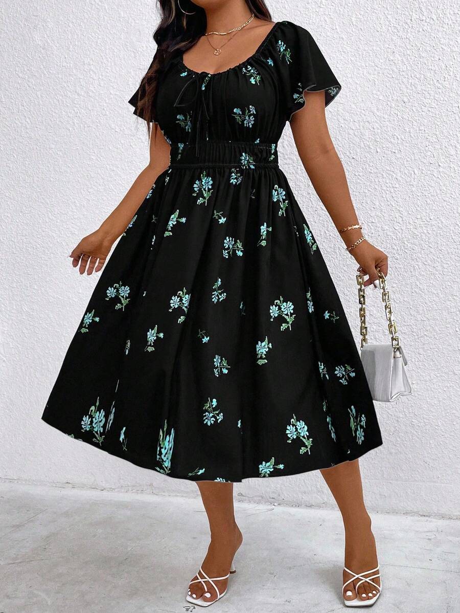 Flirla Plus Size Women Floral Print Drawstring Elastic Waist Dress - Black - View 1