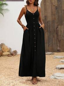 Breezaya 吊带 V 领休闲连衣裙，搭配超大 A 字形海滩风格超长度假海滩装女装 - 黑色 - 查看 4