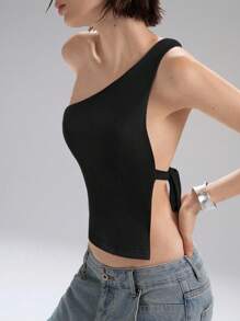 LYSMO 2025年夏季新款女士不对称露背单肩修身上衣，金属环细节和侧系带设计。完美契合辣妹风格、极简日常穿着和前卫休闲时尚。 - 黑色 - 查看 5