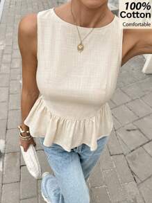 Siren Gaze 100%纯棉A字腰部上衣，女士可爱上衣，返校季服装，新款时尚女士休闲上衣，夏季休闲款 - 杏色 - 查看 4