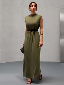 SHEIN Vestido de mujer de cuello redondo, con tirantes y mangas, de color caqui para uso casual diario