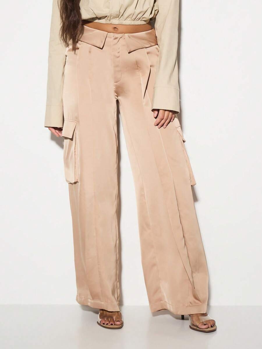KIZN 奢华阔腿缎面工装裤高腰阔腿裤，带实用口袋，适合晚会场合穿着，度假风格，现代时尚 - 卡其色 - 查看 1