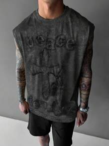 Manfinity EMRG Men's Summer Round Neck Letter & Cross Embroidered Tank Top Men Sleeveless T-Shirt Cross Graphic Tee Men Graphic Tank Top Acid Wash Sleeveless Tee - Black - View 1