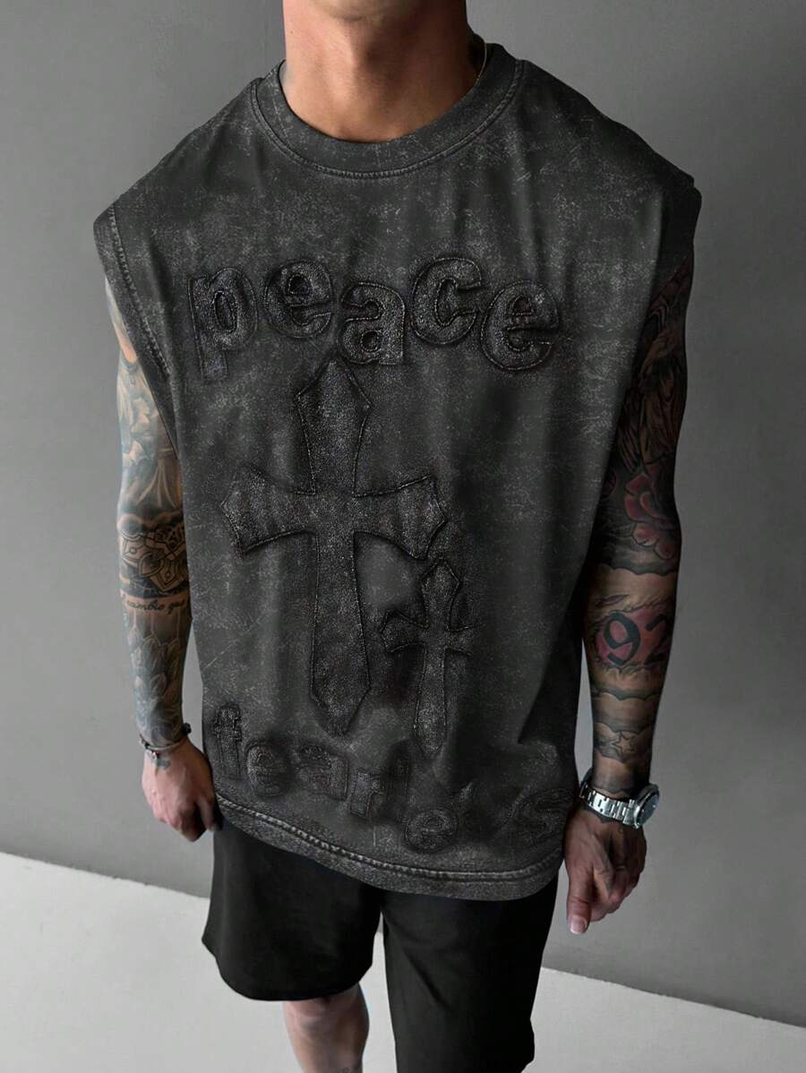 Manfinity EMRG Men's Summer Round Neck Letter & Cross Embroidered Tank Top Men Sleeveless T-Shirt Cross Graphic Tee Men Graphic Tank Top Acid Wash Sleeveless Tee - Black - View 1