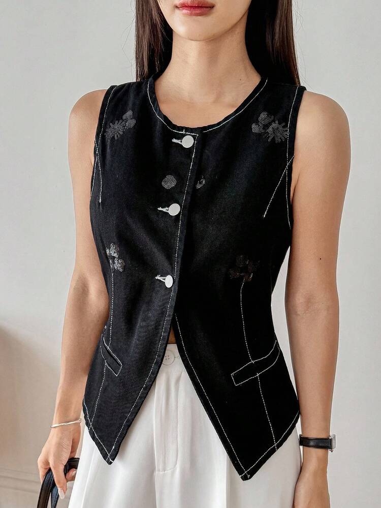 Vintage Washed Denim Vest For Women, Beaded Flower Embellished Slim Fit Lightweight Jacket, Casual Business Wear, Spring Summer Autumn