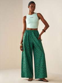 Zivah 2025 春夏新款音乐节、圣帕特里克节、波西米亚风、学生装、日常休闲、基础百搭、休闲、邮轮旅行、海滩、日光浴、街头服饰、病毒式、女士两件套：无袖上衣和阔腿印花裤 - 綠色 - 查看 4