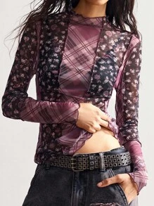 Bohemela 女式格子拼布和碎花长袖上衣 - 藏蓝色 - 查看 1