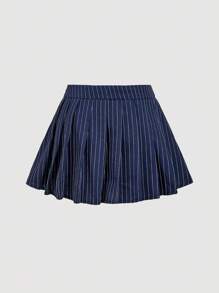 SHEIN MOD 女士心形装饰褶皱条纹短款 A 字裙，秋季，秋季女装，返校，办公室女装，老钱风格女装，复古女装，狂欢，辣妹，办公室女装裙 - 藏蓝色 - 查看 2