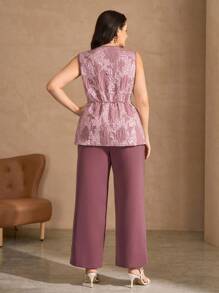 SHEIN Clasi Plus Size Women Summer Elegant Jacquard Vest & Long Pants 2 Pieces Set - Dusty Pink - View 3