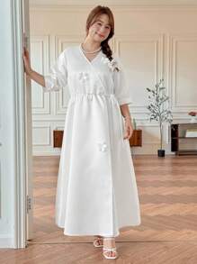 SHEIN LUNE Váy thường ngày màu trơn cỡ lớn cho nữ có họa tiết hoa 3D và eo thắt - trắng - Xem 4