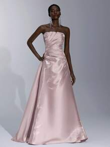 Elitara Minimalist Futuristic Liquid Satin Pleated A-Line Hem Banquet Dress, Light Dress, Formal Dress - Dusty Pink - View 6