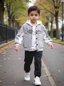 SHEIN Young Boy Letter Embroidered Varsity Jacket, Getaway, Holiday, Travel, Relax, Sunbathing, Summer Back To School Season Fall Winter - Multicolor - View 3