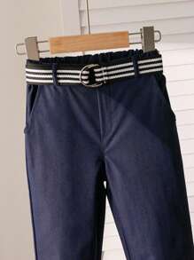 SHEIN Genkimix Kids Young Boys Classic Striped Long Sleeve Shirt And Shawl Collar, Navy Blue Suit Pants, Fashionable Gentleman Outfit, Suitable For Birthday Party, Formal Event, Wedding, Christening, Back To School Season Fall Winter