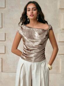 Arave Damen Satin Metall Dekorative Accessoires Plissee asymmetrische Schultern Schräger Kragen Design Tägliche Pendler Exquisite Retro Mode Elegante Vintage Kleidung Frauen Reise Flughafen Top - Grün - Übersicht 3