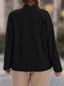 EMERY ROSE Plus Size Women's Solid Color Long Sleeve Open Front Casual Blazer,,Going Out,Office Wear Fal,Spring - Black - View 2