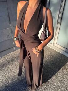 Siren Gaze 夏季新款V领露背吊带连体裤 - 杏色 - 查看 1