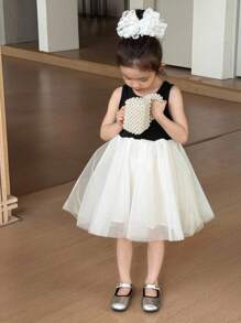 SHEIN Young Girl 少女甜美韩版圆领无袖网眼荷叶边中长连衣裙 - 黑色 - 查看 1