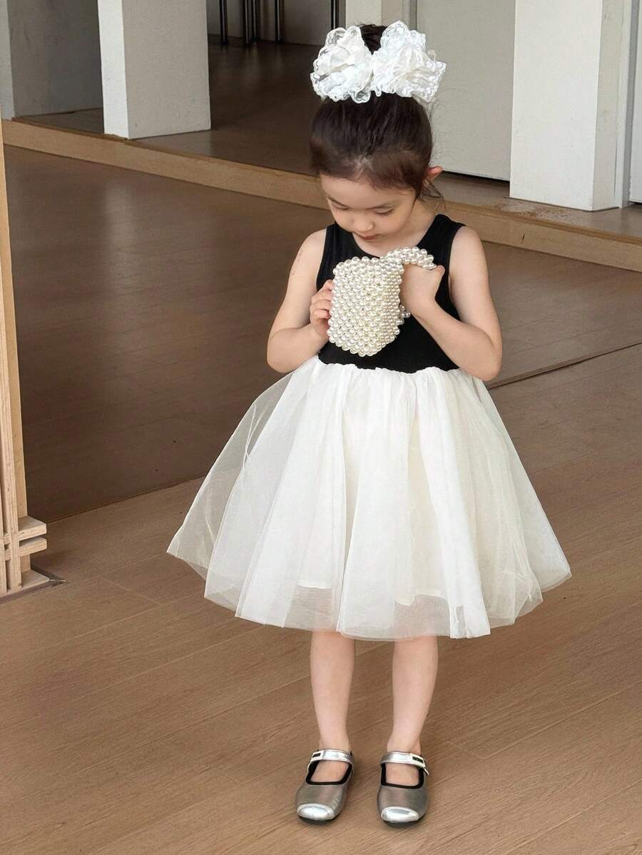 SHEIN Young Girl 少女甜美韩版圆领无袖网眼荷叶边中长连衣裙 - 黑色 - 查看 1