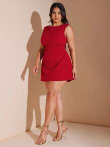 SHEIN BAE Christmas Plus Size Women's Red Ruched Mini Dress, Elegant Beach Vacation Dress For Spring/Summer,Edding Guest Dress Women,Birthday Dresses For Women,Going Out Outfits