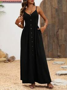 Breezaya 吊带 V 领休闲连衣裙，搭配超大 A 字形海滩风格超长度假海滩装女装 - 黑色 - 查看 5
