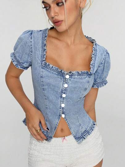 Jeanoix 时尚休闲水洗方领短袖修身女士牛仔衬衫