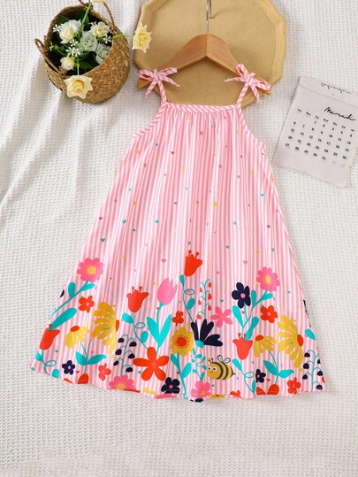 SHEIN Young Girls Floral Print Ruffled Hem A-Line Slip Dress,Pastel Pink Summer Fairy Matching Family Vacation School Campus College Sundress