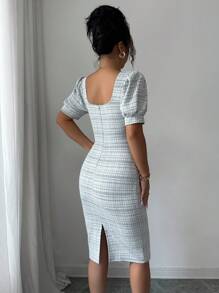 Selianne Đầm ôm body xẻ lưng họa tiết kẻ caro cổ vuông tay bồng - màu đen - Xem 2