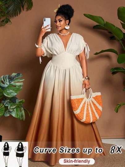 SHEIN CURVE+ Plus Size Women's Elegant Ombre Print Tie Front Drawstring V-Neck Backless Maxi Dress With Bowknot, Versatile Design For Party & Events, 2025 New Arrivals