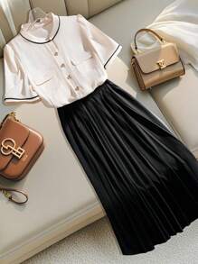 GlowEve Bộ trang phục công sở 2 món cho nữ: Áo cánh tay ngắn và chân váy xếp ly chữ A - màu đen - Xem 3