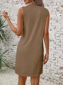 SHEIN LUNE 女士针织无袖圆领休闲连衣裙，春夏 - 卡其色 - 查看 2