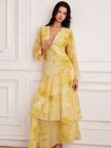 GENKIRA Váy xòe nhiều lớp in họa tiết hoa lớn mới cho mùa xuân/hè - Màu vàng - Xem 4