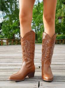 Styleloop Women's New Embroidered Western Boots, Fashion Personalized Embroidered Classic Thick Heel Mid-Calf Long Boots