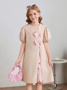 SHEIN Tween Girl Casual Home Loose A-Line Colorblock Patchwork Bow Decor Bubble Short Sleeve Dress - Baby Pink - View 3