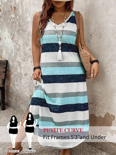 SHEIN PETITE Plus Size Women's Casual Striped Dress, Spring/Summer Shein Curve  Women Vintage Clothes   Curve Plus