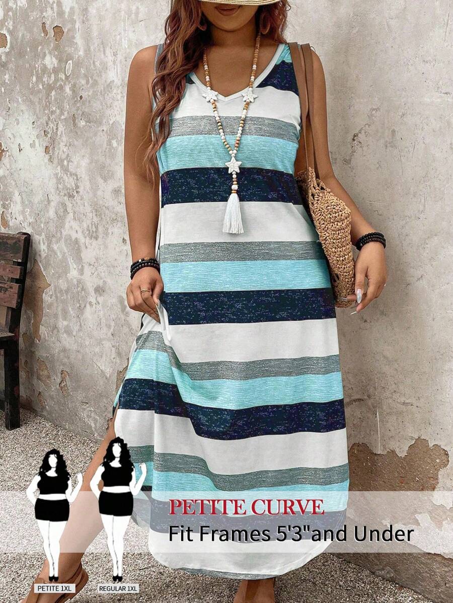SHEIN PETITE Plus Size Women's Casual Striped Dress, Spring/Summer Shein Curve  Women Vintage Clothes   Curve Plus - Multicolor - View 1