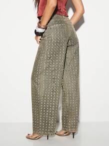 KIZN Studded Wide Leg Pants Metallic Embellished Khaki Bottoms Festival Concert Party Statement Pants Rhinestone High Waisted Y2K Fashion Western Style - Khaki - View 3