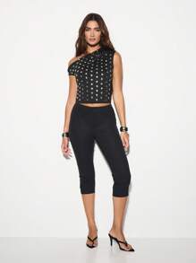 KIZN Capri Length High Waisted Leggings Stretchy Bengaline Fabric Dressy Evening Wear Form Fitting Bottoms Non See Through Pull On Office Wear Classic Pants - Black - View 4